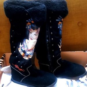 Ed Hardy Black Suede Boots Women size 9